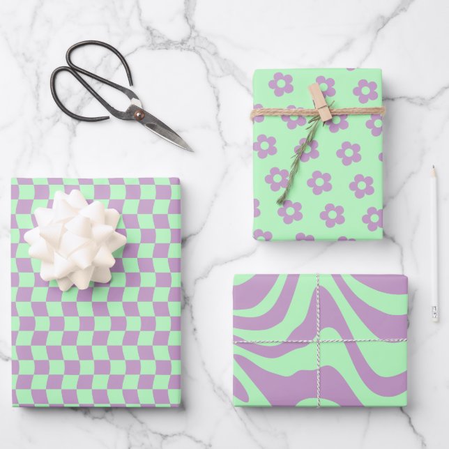 Teen Girl Groovy Lila Green Wavy Checkered Daisy Geschenkpapier Set (Vorderseite)