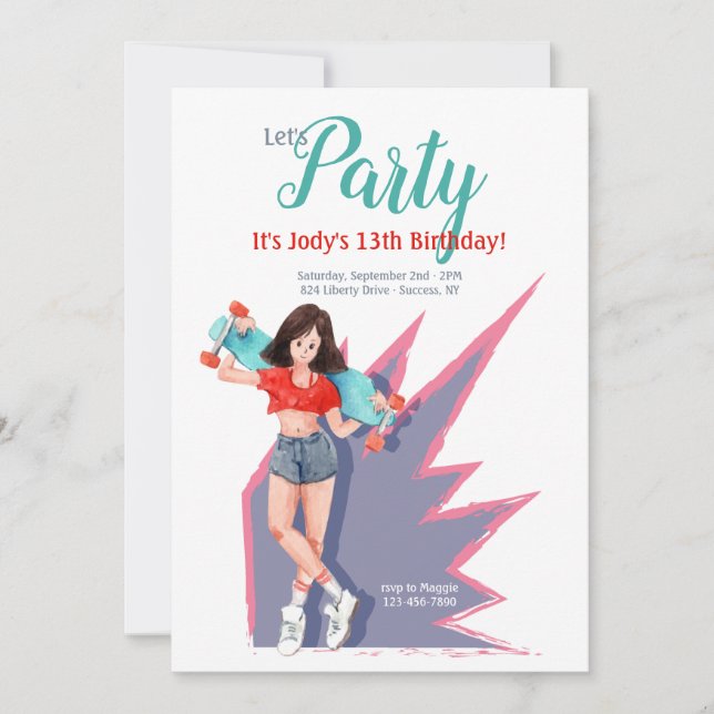 Teen Girl mit Skateboard Einladung (Vorderseite)