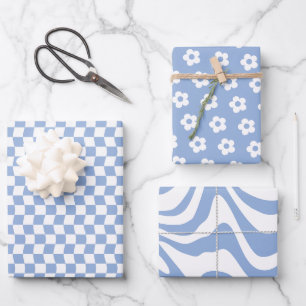 Teen Girl Pastel Blue White Wavy Checkered Blume Geschenkpapier Set