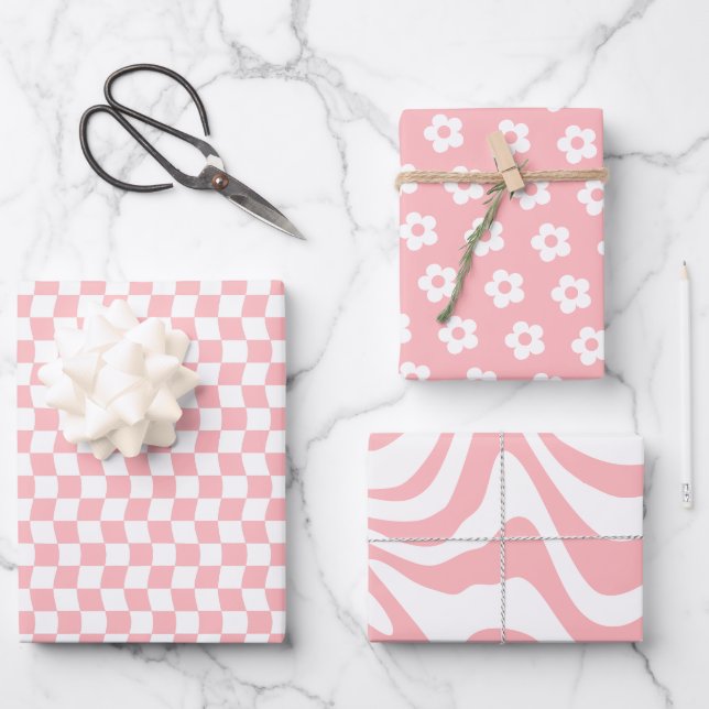 Teen Girl Pastel Pink White Wavy Checkered Blume Geschenkpapier Set (Vorderseite)