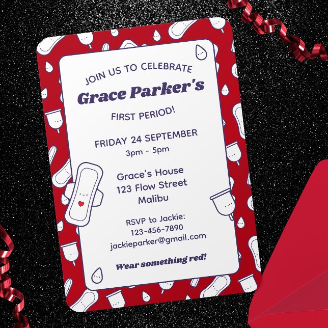 Teen Girl Red Menstrual Pad Erste Periode Party Einladung (In Situ)
