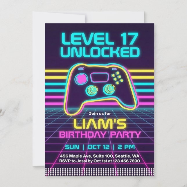Teen Retro Neon Gamer Birthday Invitation for Boys Einladung (Vorderseite)
