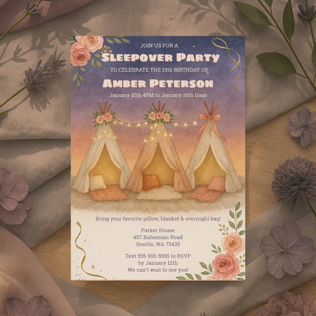 Teenage Girl Charming Sleepover Geburtstagsparty Einladung (Teenage Girl Charming Sleepover Birthday Party Invitation)