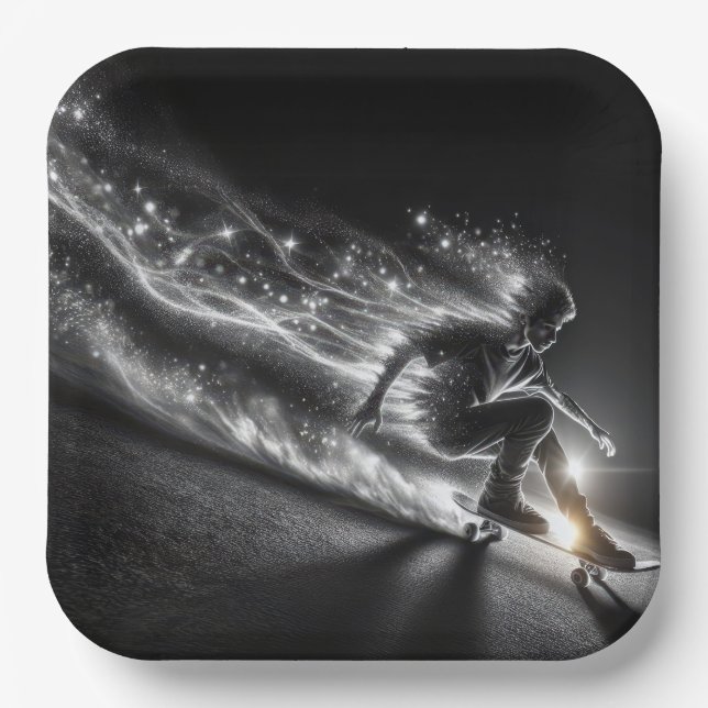 Teenager auf einem Skateboard mit Neonlicht Pappteller (Vorderseite)