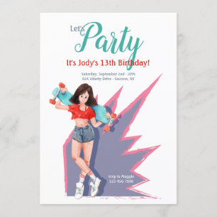 Teenager-Mädchen mit Skateboard Einladung