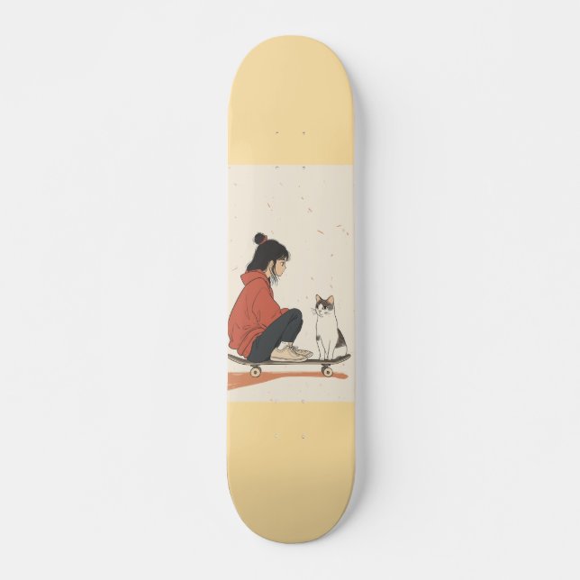 Teenager sitting on skateboard and next to his cat (Vorne)