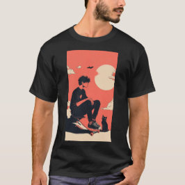 Teenager sitting on skateboard and next to his cat T-Shirt
