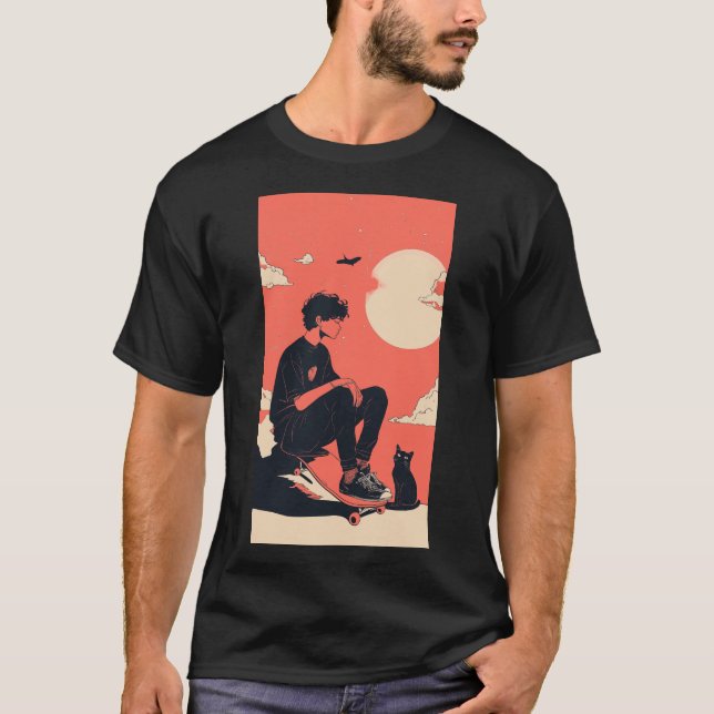 Teenager sitting on skateboard and next to his cat T-Shirt (Vorderseite)