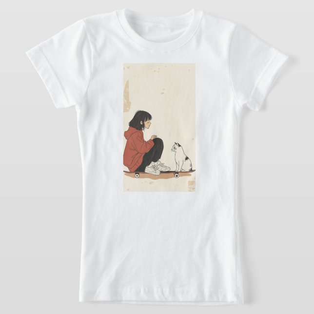 Teenager sitting on skateboard and next to his cat T-Shirt (Ablage )