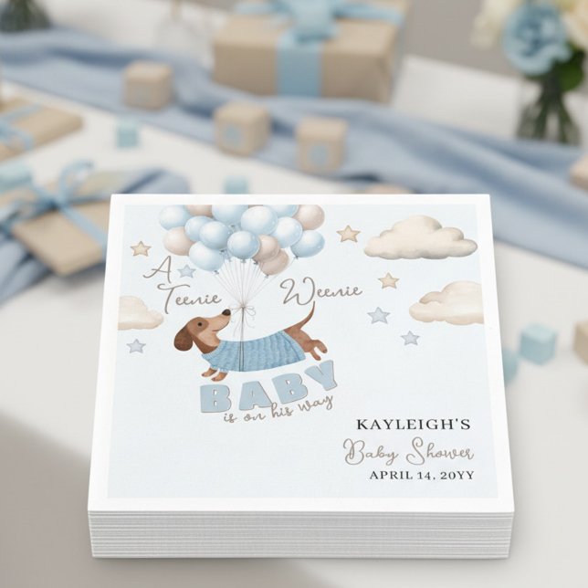 Teenie Weenie Dachshund Balloons Blue Baby Shower Serviette (Baby Shower Napkins. Dachshund and balloons design in blue and beige)