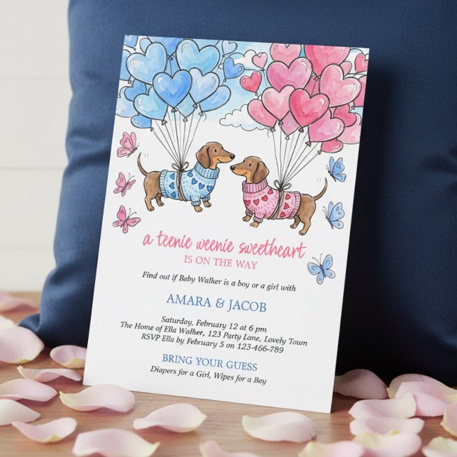 Teenie Weenie Sweetheart Dachshund Gender Reveal Einladung (Invitation - Teenie Weenie Sweetheart Dachshund Gender Reveal collection by Darling & May)