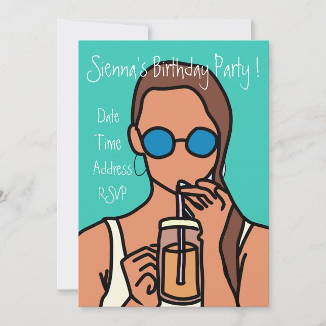 Teeny Girl Blase Tee farbenfrohe niedliche Geburts Einladung (Vorderseite)