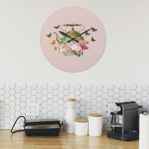 Teepartie Rosa Blumen & Schmetterlinge Küche Große Wanduhr