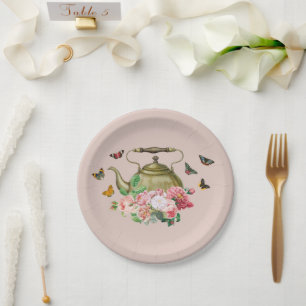 Teeparty-Rosa-Blumen-&-Schmetterlinge-Kanne Pappteller