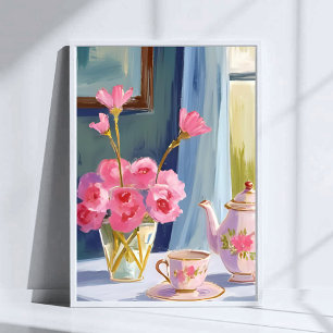 Teeparty-Rosa-Blumenmalerei-Blumen Poster