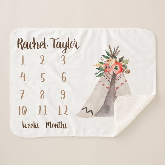 Teepee Boho Monthly Milestone Sherpa Blanket Sherpadecke (Vorderseite (Horizontal))