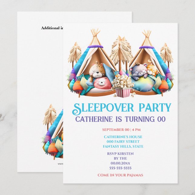 Teepee-Cartoon-Tiere schlafen Popcorn-Kinder Einladung (Vorne/Hinten)