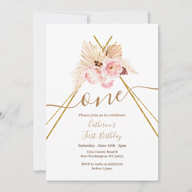 Teepee Pampas Grass 1. Geburtstag Einladung (Vorderseite)