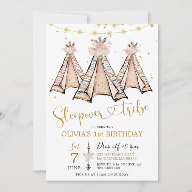 Teepee Pink Floral Girl Sleepover Party Einladung (Vorderseite)