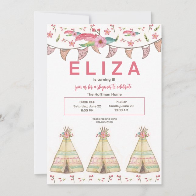Teepee Sleepover Einladung (Vorderseite)