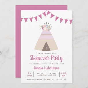 Teepee Slumber Party Girls Lila Floral Geburtstag Einladung