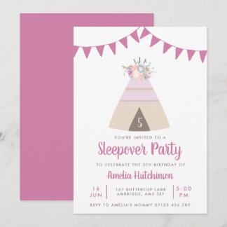 Teepee Slumber Party Girls Lila Floral Geburtstag Einladung
