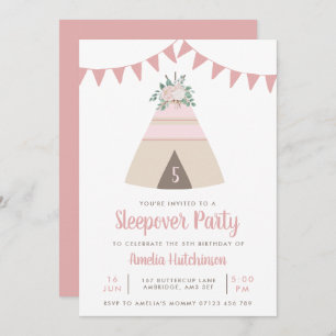 Teepee Slumber Party Girls Pink Floral Geburtstag Einladung