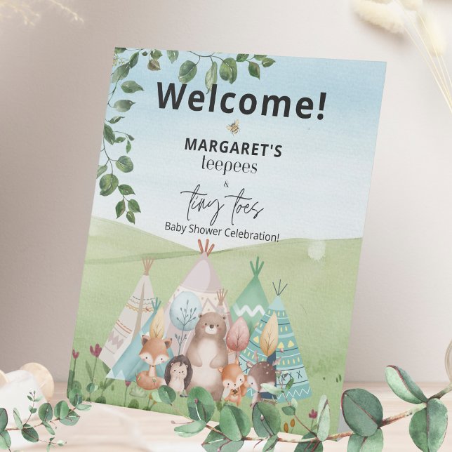 Teepees und Mini Toes Babydusche Begrüßungszeichen Sockelschild (Teepees & Tiny Toes Baby Shower Welcome Sign)