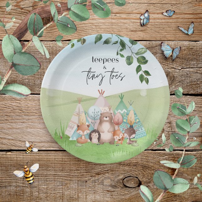 Teepees und Tiny Toes Papierplatte Pappteller (Adorable Teepees & Tiny Toes woodland animal theme paper plates)