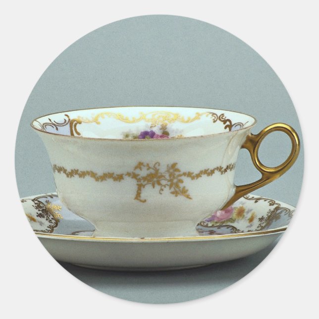 Teetasse und Untertasse aus dem 20. Jahrhundert, B Runder Aufkleber (Vorderseite)