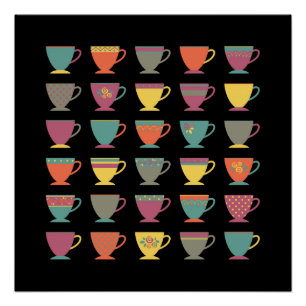 Teetassen aus Retro-Porzellan, farbenfrohe Kaffeet Poster