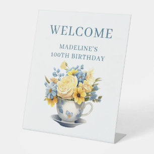 Teetassen-Gelb-Blau-Blumen-100. Geburtstags-Willko Sockelschild