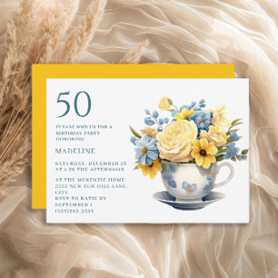 Teetassen-Gelb-Blau-Blumen 50. Geburtstag Einladung