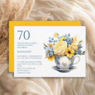 Teetassen-Gelb-Blau-Blumen 70. Geburtstag  Einladung