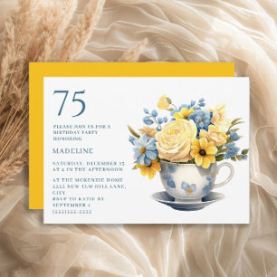 Teetassen-Gelb-Blau-Blumen 75. Geburtstag Einladung