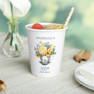 Teetassen Gelb Blaue Blumen 100. Geburtstag Pappbecher