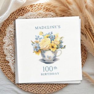 Teetassen Gelb Blaue Blumen 100. Geburtstag Serviette