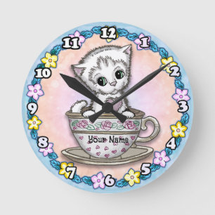 Teetassen Kätzchen Katze Runde Wanduhr