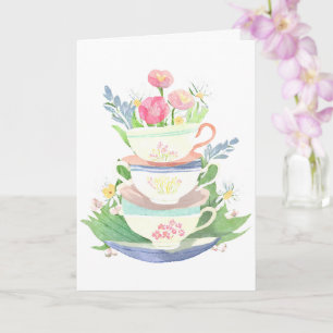 Teetassenstapel in Pastell mit Blumen Karte