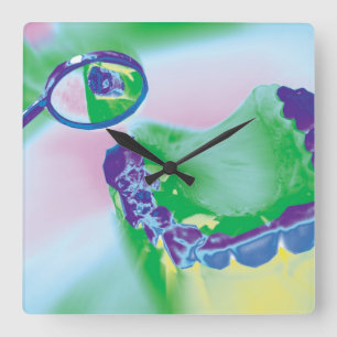 Teeth Model Mirror Review Dentist Wall Clock Quadratische Wanduhr