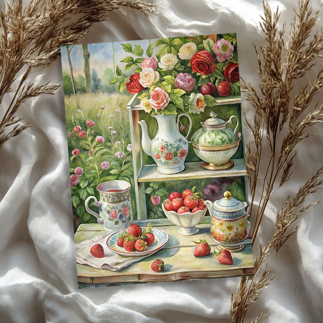 Teetisch-rote Rosen aus Vintagem Shabby Chic Seidenpapier (Watercolor vintage shabby chic tea table red roses tissue paper)