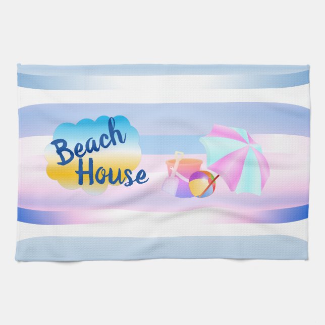 Teetuch aus blau-rosa Beach House Geschirrtuch (Horizontal)