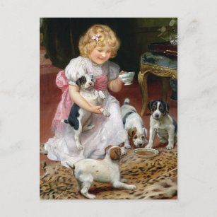 Teezeit für Fox Terrier Welpen Vintage Hunde Kunst Postkarte