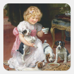 Teezeit für Fox Terrier Welpen Vintage-Hundekunst Quadratischer Aufkleber