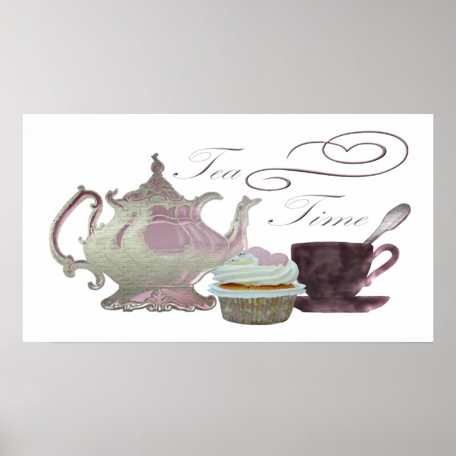Teezeit-lila-Teekanne, Tee-up und Cupcake-Poster Poster (Vorne)