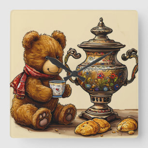Teezeit mit Bär Quadratische Wanduhr