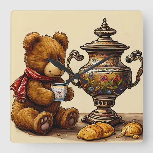 Teezeit mit Bär Quadratische Wanduhr (Vorderseite)