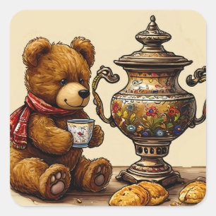 Teezeit mit Bär Quadratischer Aufkleber