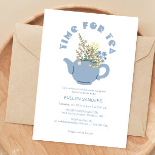Teezeit-Party Retro-Blau Teekanne Braut Dusche Einladung
