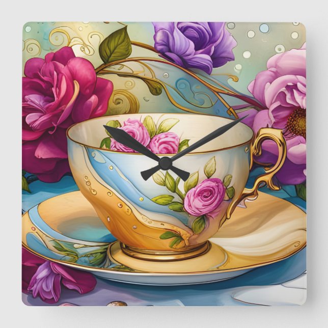 Teezeit - Tee-Cup Art Quadratische Wanduhr (Vorderseite)